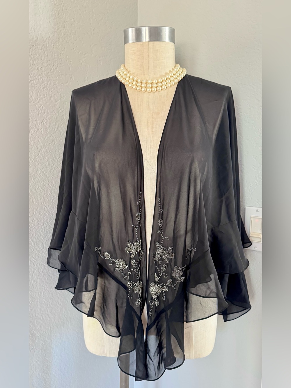 Black Ruffled Beaded Capelet OS
